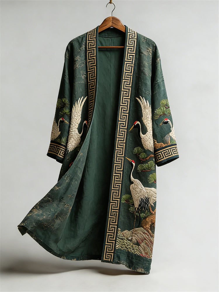 Cranes & Pine Trees Japanese Art Flowy Linen Long Kimono