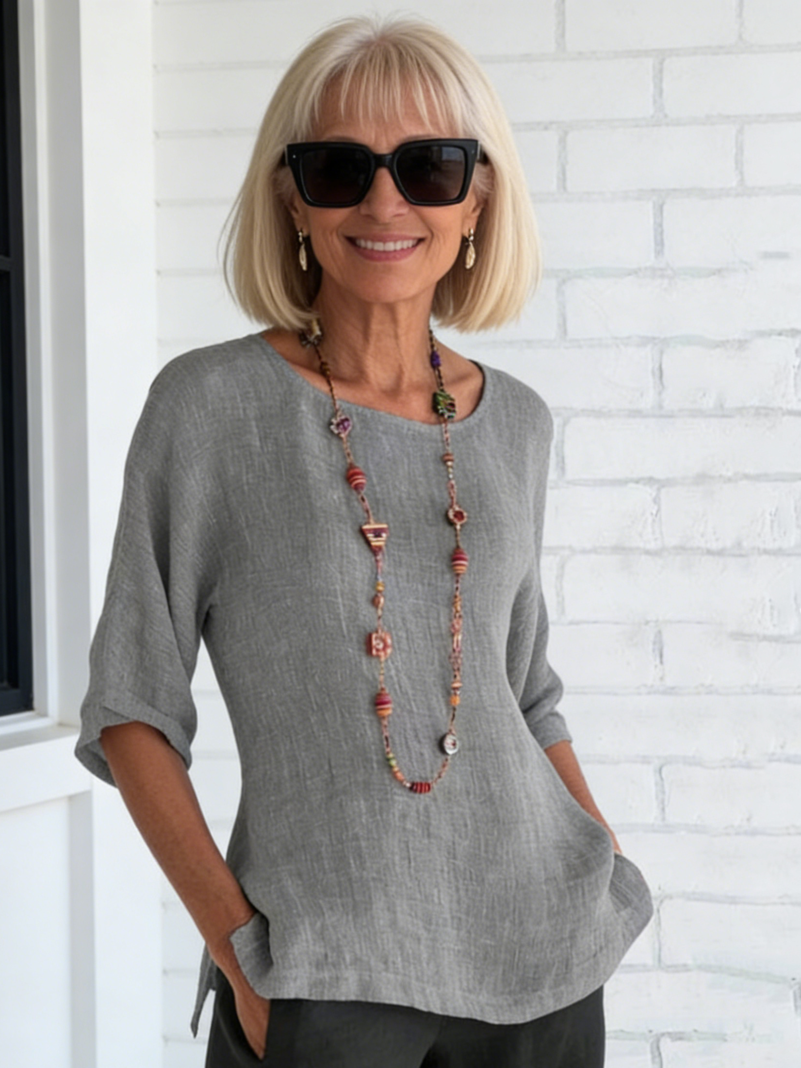 Three-Quarter Sleeve Round Neck Cotton and Linen Shirt