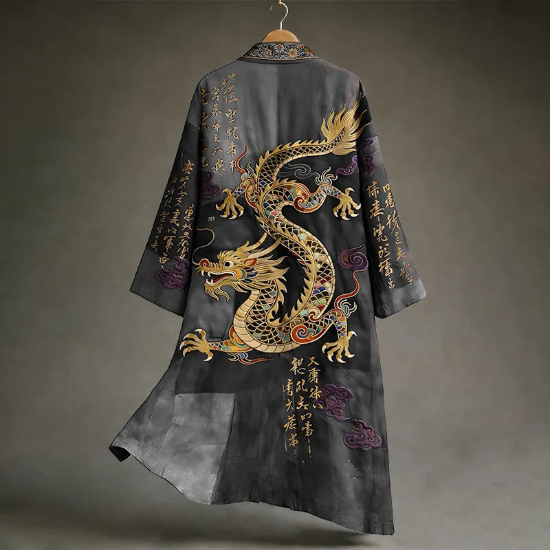 Men's Vintage Japanese Calligraphy Dragon Art Pattern Linen Blend Kimono