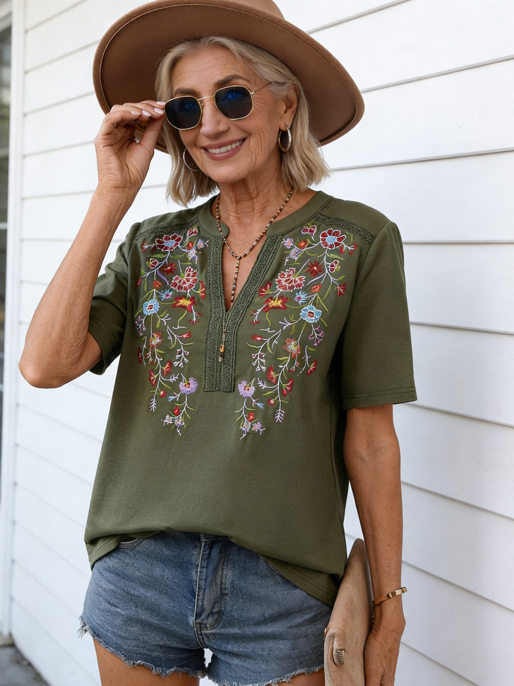 Embroidery Fashion 10,000 Needles Embroidery Splicing Lace Lace Top Women's T