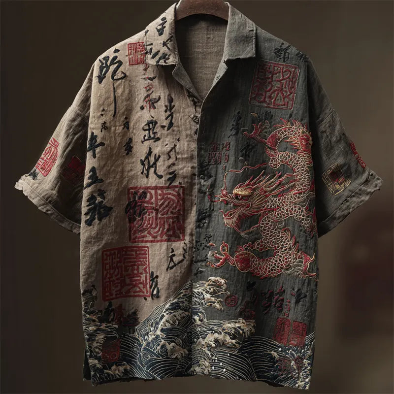 Men's Japanese Dragon Sea Waves Calligraphy Contrast Linen Shirt