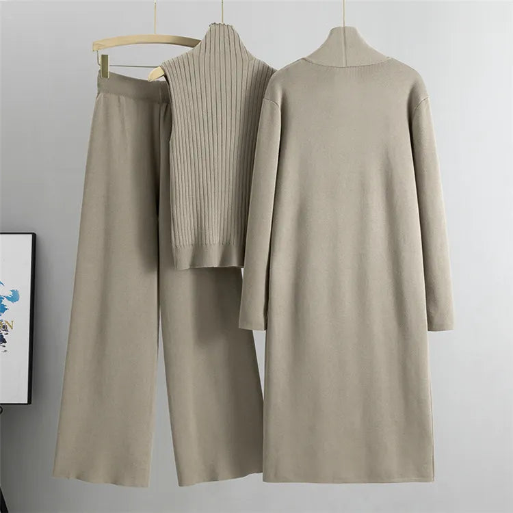 3Pcs Thick Lazy Temperament Knitted Suit Sleeveless Vest Sweater Cardigan Pants Three-piece Set