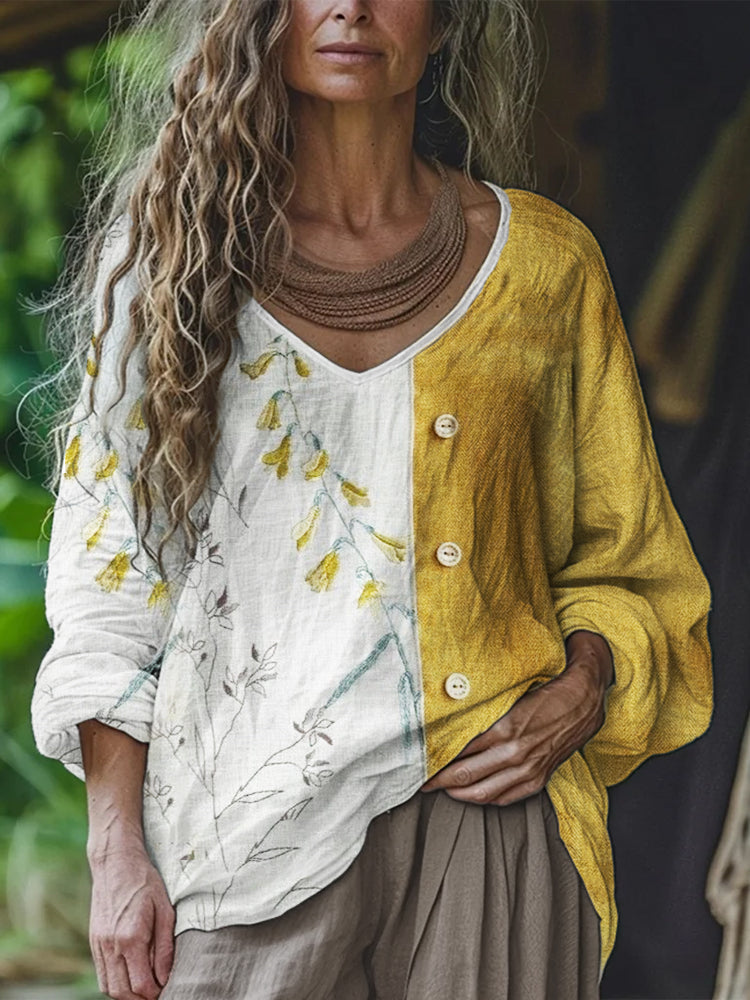 Cottage Floral Contrast Color Patchwork Linen Tunic