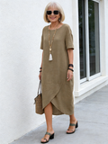Solid Color Cotton and Linen Retro Round Neck Short Sleeves Mid-Length Dress Women