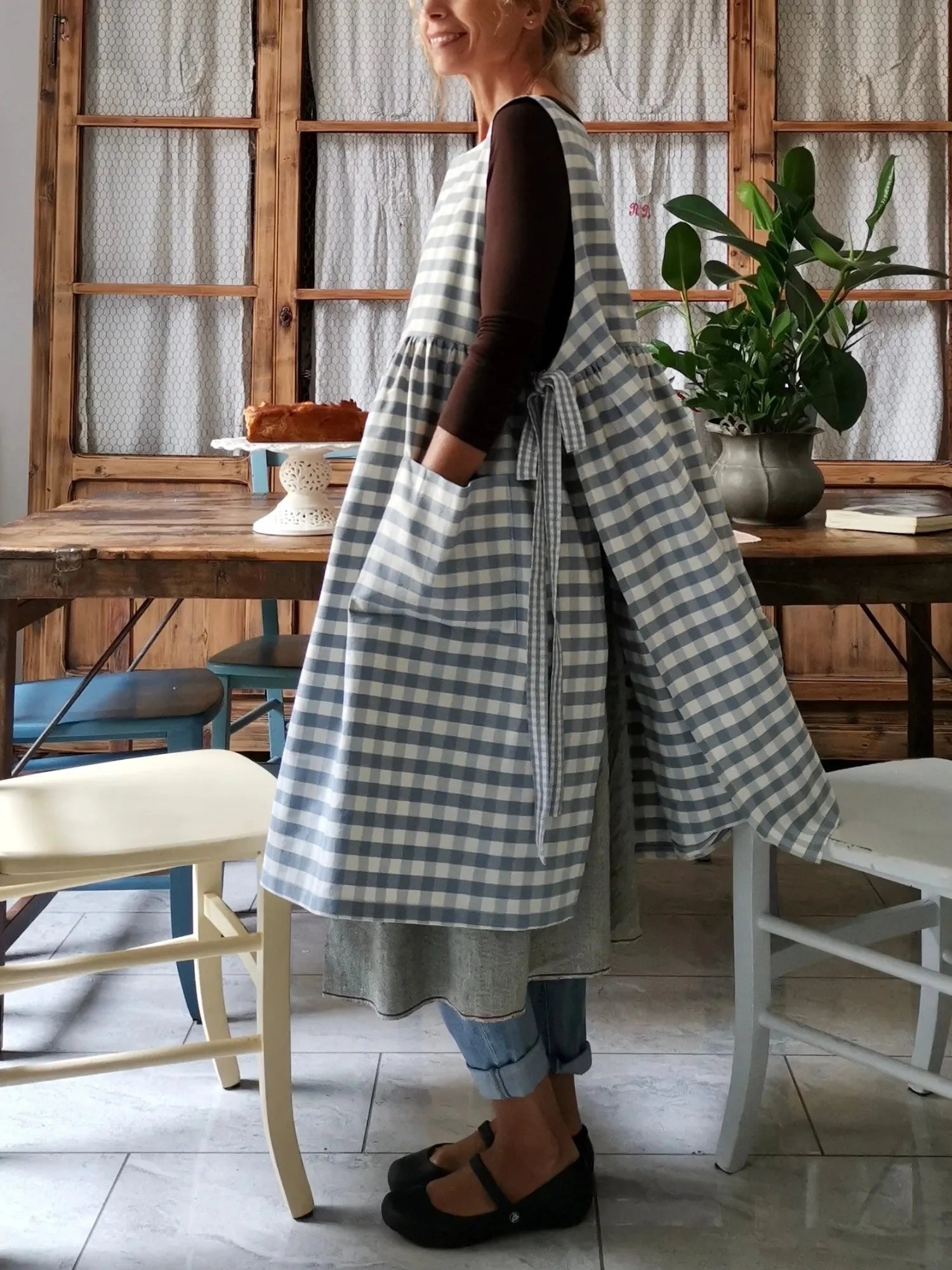 Light Blue Check Cotton Kitchen Apron