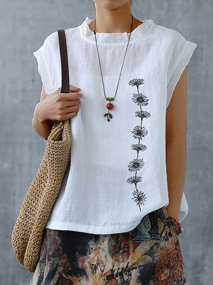 Women's Bohemia Ethnic Floral Art Linen V-neek Sleeveless Top