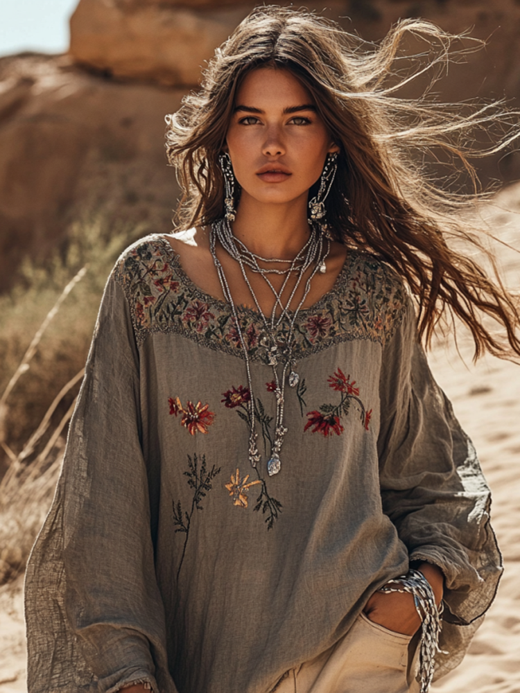 Boho Floral Embroidery Patchwork Art Print Cotton And Linen Blend Loose Blouse