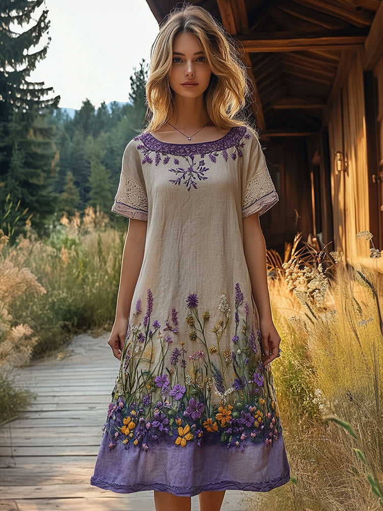 Vintage Floral Embroidery Short Sleeve Midi Dress