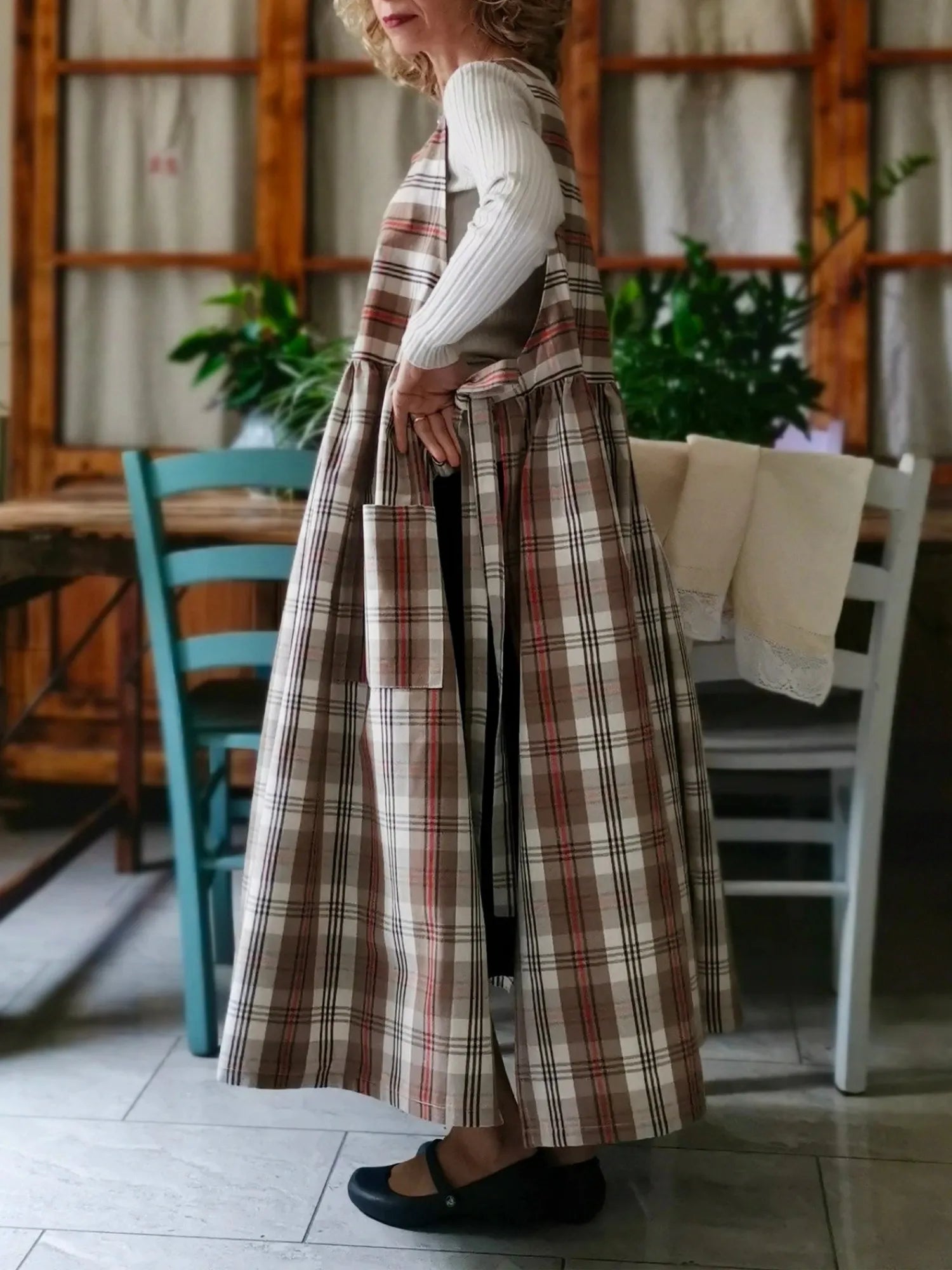 Brown Tartan Cotton Apron