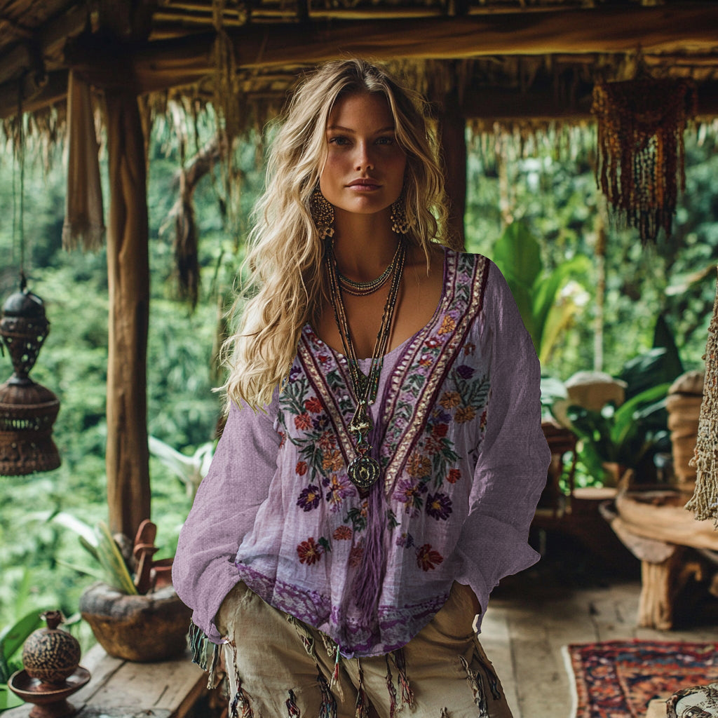 Vintage Bohemian Floral Embroidery Linen Blend Shirt