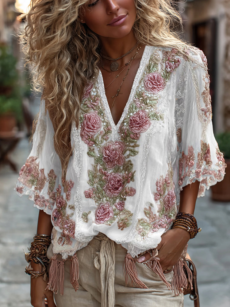 Women's Vintage Rose Embroidery Art Comfy Linen Shirts