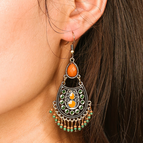 Bohemian Birthstone Beaded Tassel Drop Dangle Earrings Silver Plated Vintage Decor Party Holiday Gift For Women 1Pair