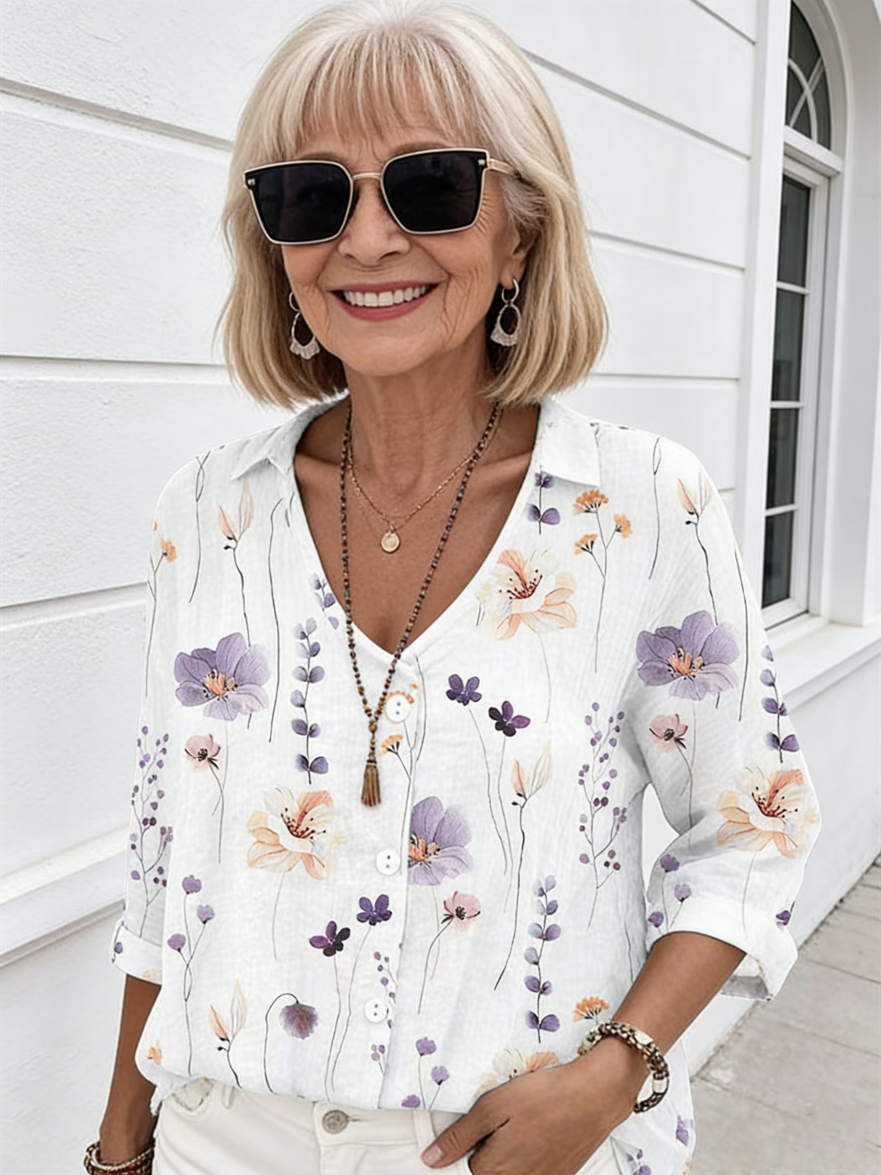 V-neck Buttons Printed Long Sleeve Tunic Tops