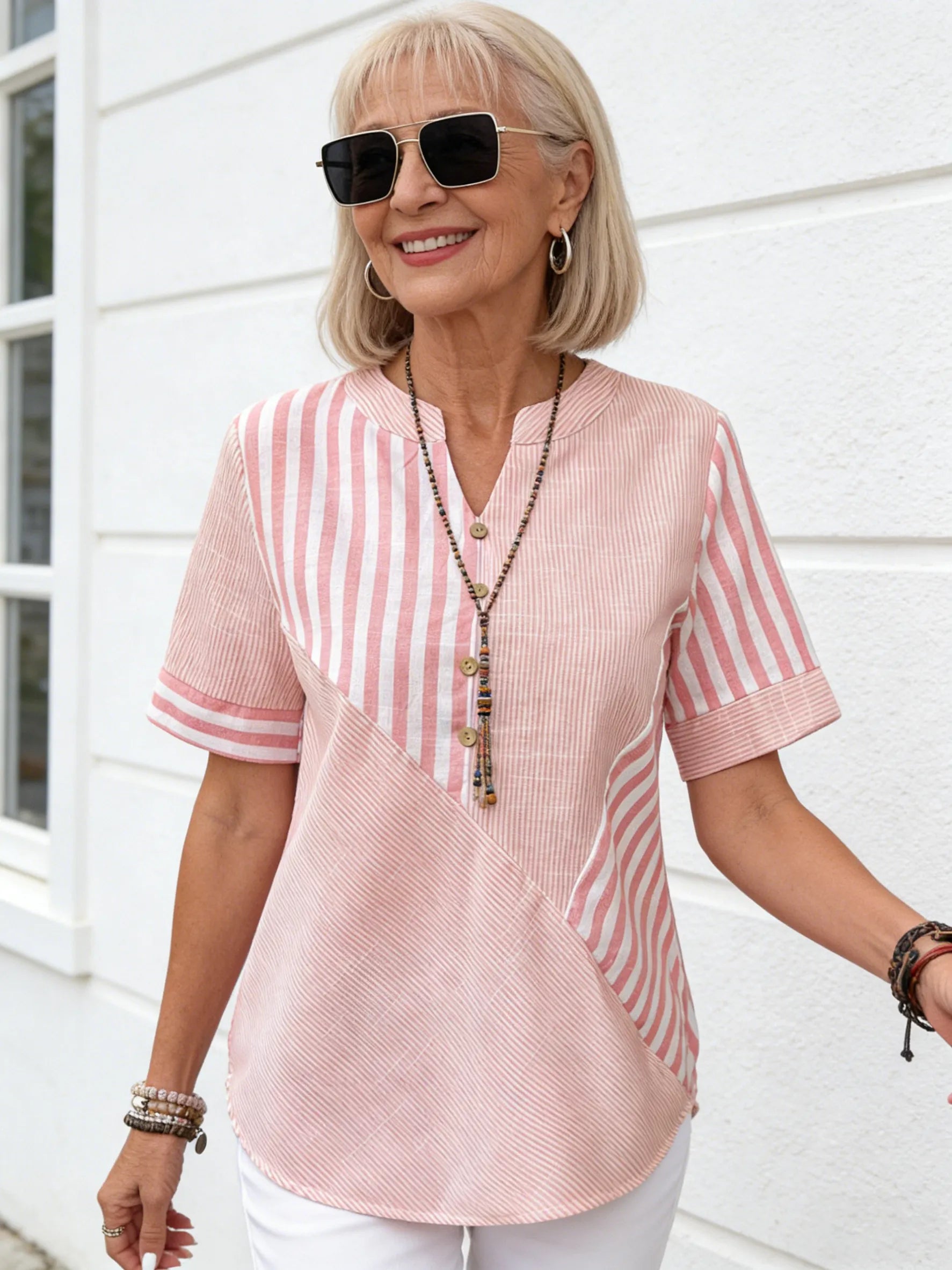 Women Blouse Casual Striped Short Sleeve Notched Regular Loose Shirt