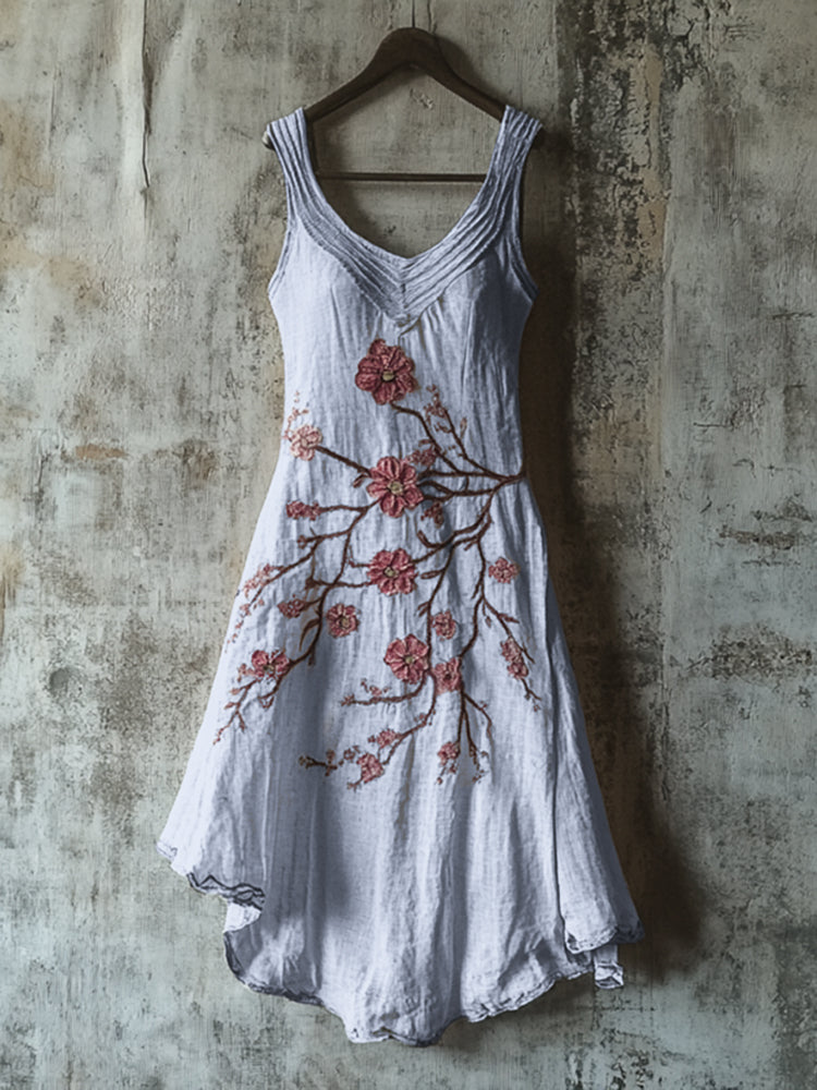 Vintage Celtic Knot With Cherry Blossoms Pattern Linen Tank Dress