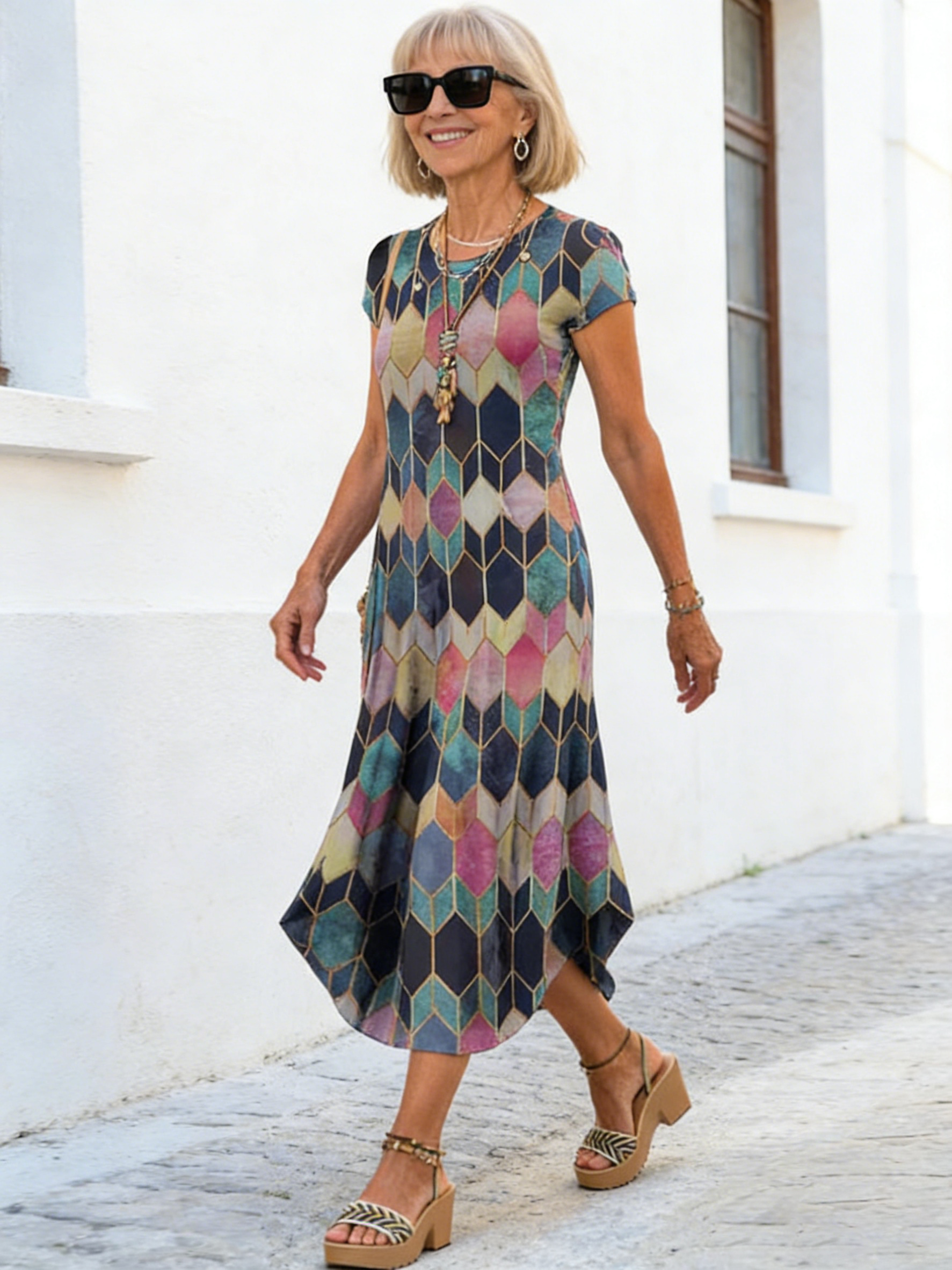 Crew Neck Pocket Short Sleeve Trend Print Dress