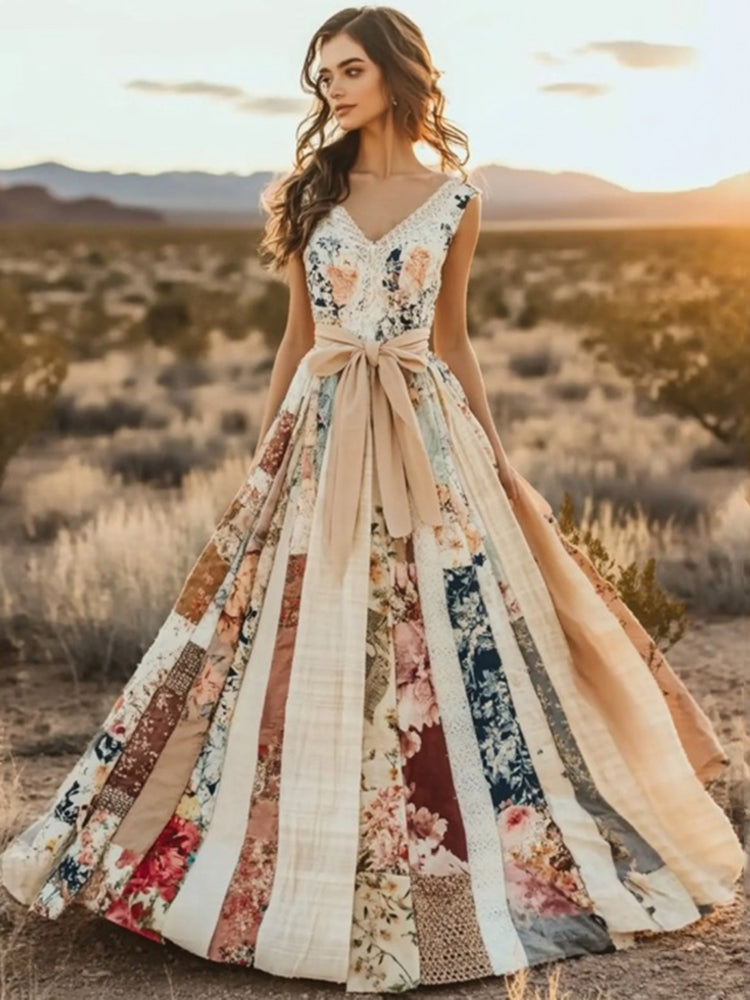 Women's Vintage Floral Patchwork Art V Neck Maxi Dress