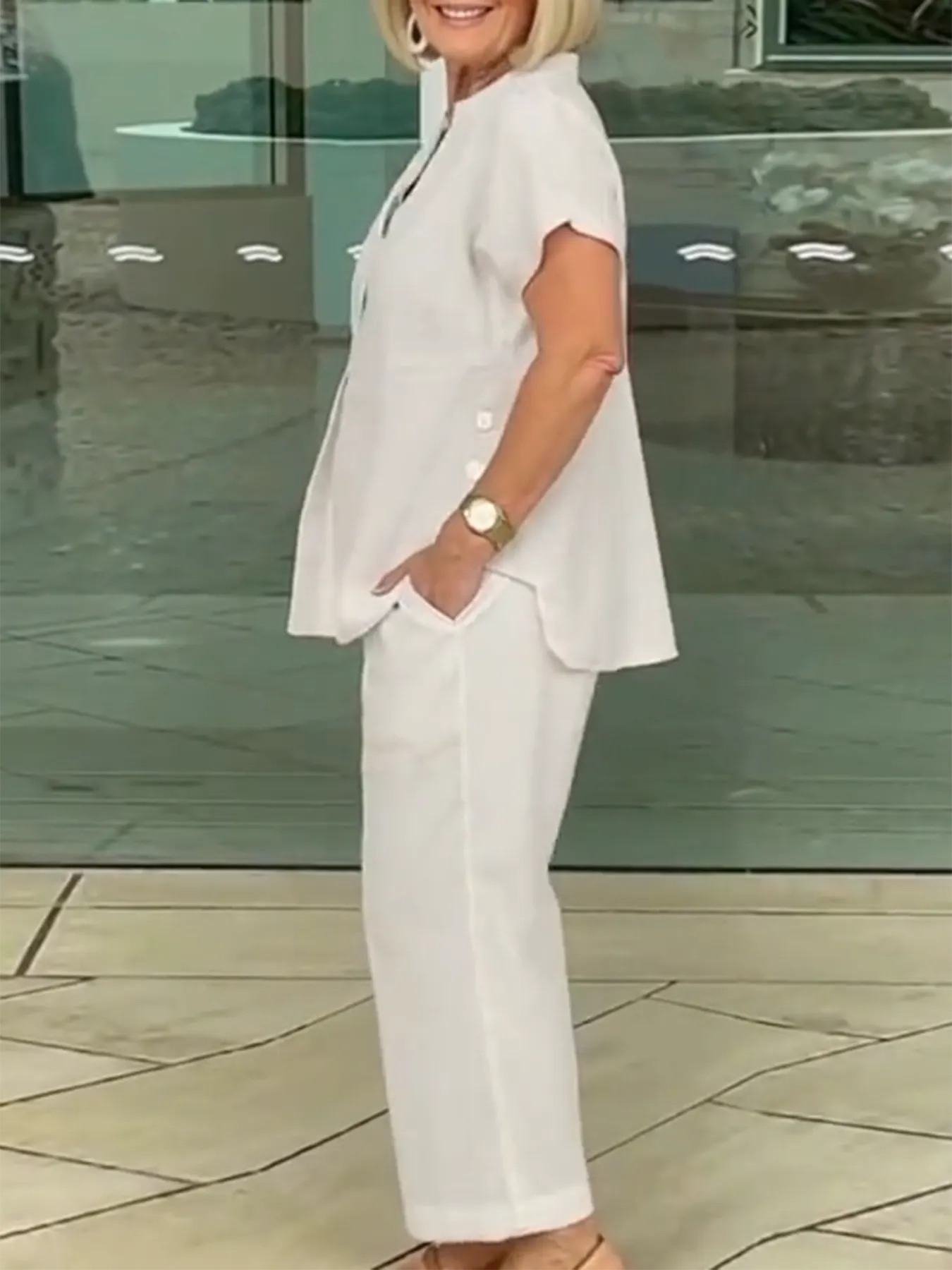 2Pcs Cressia Side Button Top Cotton and Linen Pants