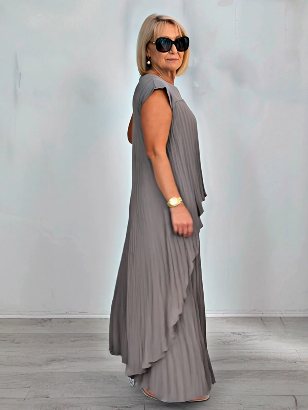2Pcs Crew Neck Solid Color Sleeve Top Pleated Straight Pants Set Two-piece Set