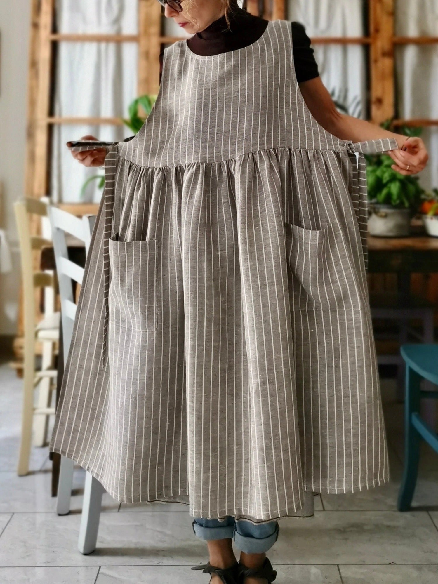Brown Striped Cotton Women's Apron