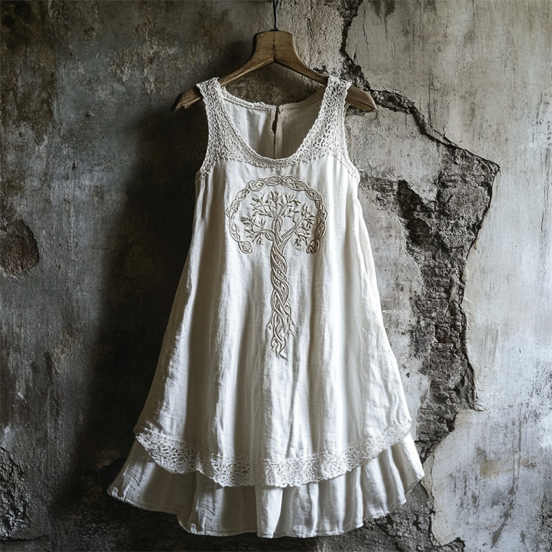 Boho Celtic Tree Of Life Lace Patchwork Layered Linen Dress