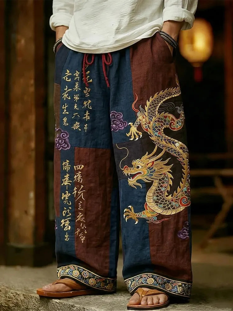 Men's Vintage Japanese Calligraphy Dragon Art Pattern Linen Blend Pants