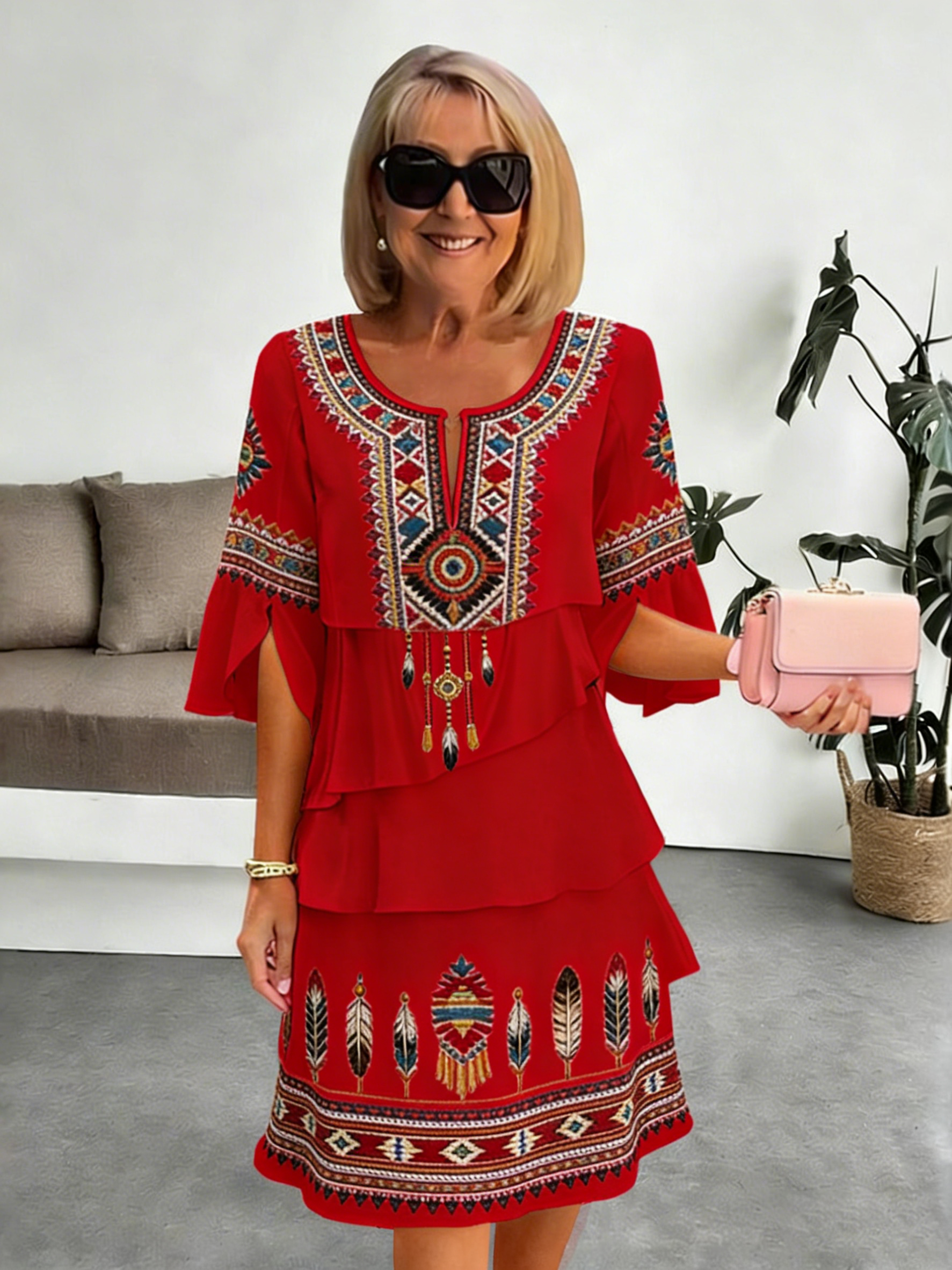 Chiffon Vacation Prints Color Round Neck Cake Skirt Splicing Dress Mid-length