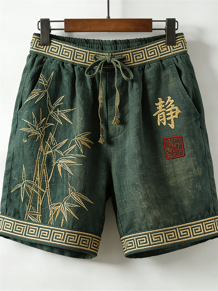 Men's Japanese Bamboo Calligraphy Art Drawstring Linen Shorts