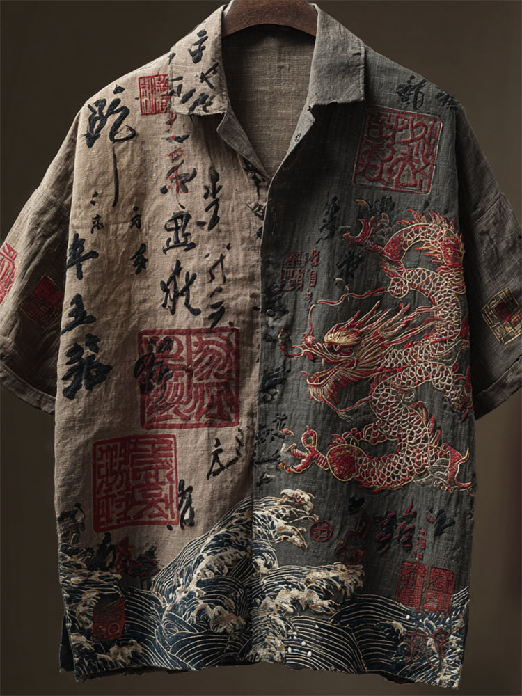 Men's Japanese Dragon Sea Waves Calligraphy Contrast Linen Shirt