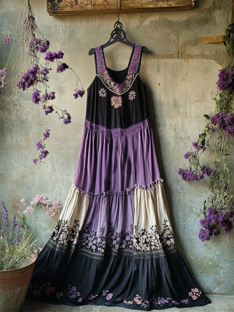 Bohemian Lavender Embroidery Patchwork Art Sleeveless  Cozy Linen Maxi Dress