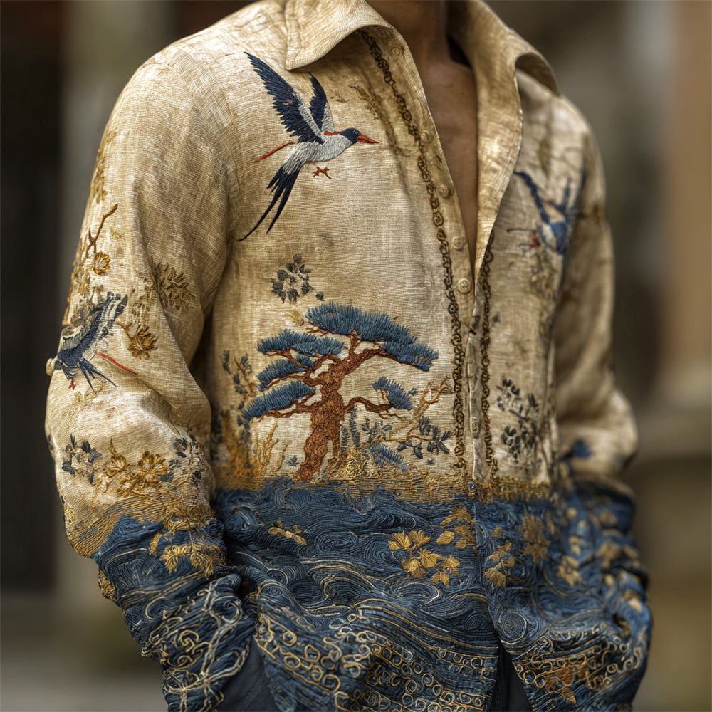 Japanese Bird And Flower Embroidery Art Men's Linen Long Sleeve Shirt