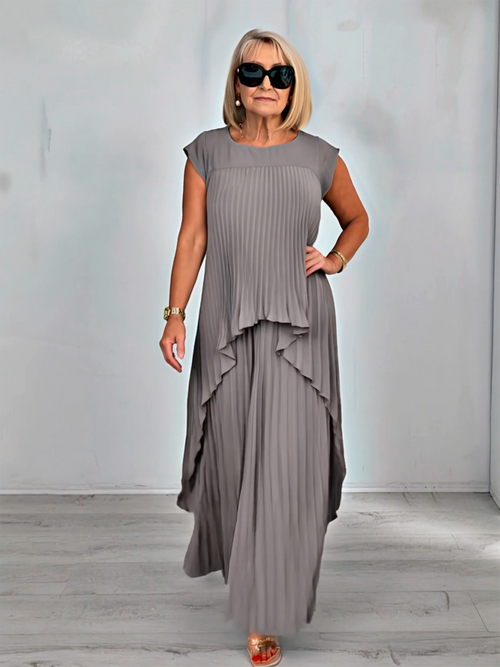 2Pcs Crew Neck Solid Color Sleeve Top Pleated Straight Pants Set Two-piece Set