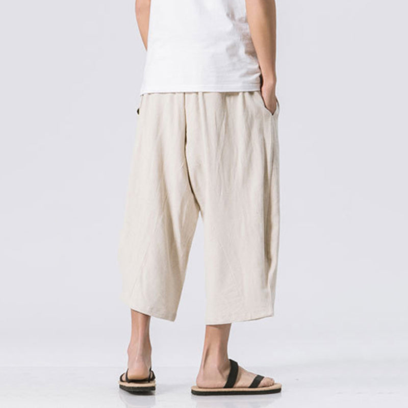 Men's Vintage Japanese Pocket Cotton Linen Casual Capri Pants