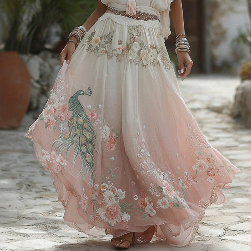 Women's Retro Elegant Peacock Floral Linen Blend Casual Midi Skirt