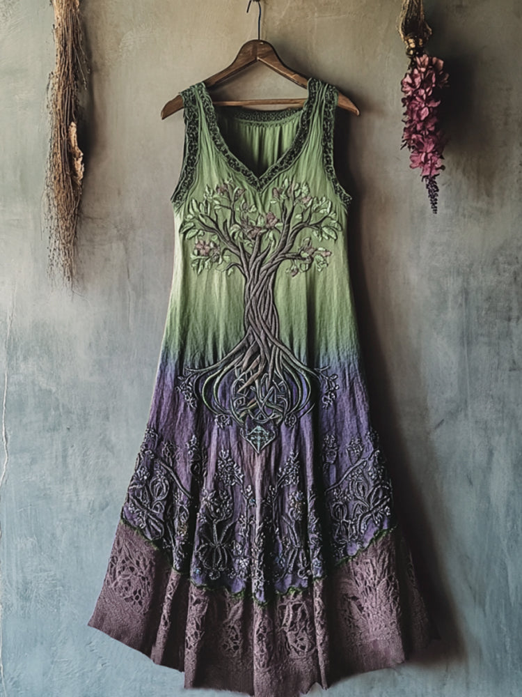 Vintage Viking Tribal Celtic Knot Life Of Tree Lace Patchwork Art Linen Tank Dress