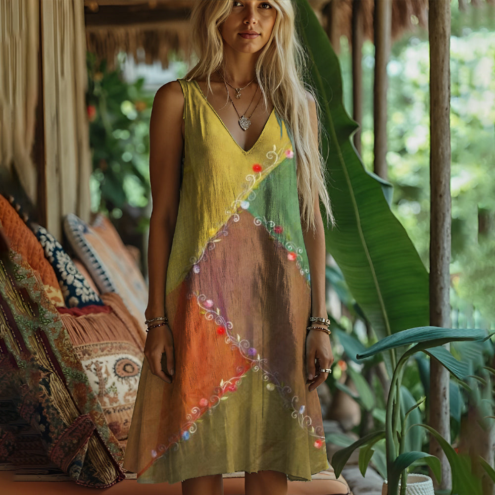 Boho Lace Floral Patchwork Art Women's Linen Tank Dress