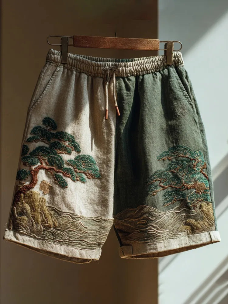 Japanese Pine Tree & Sea Waves Embroidered Art Linen Blend Casual Shorts