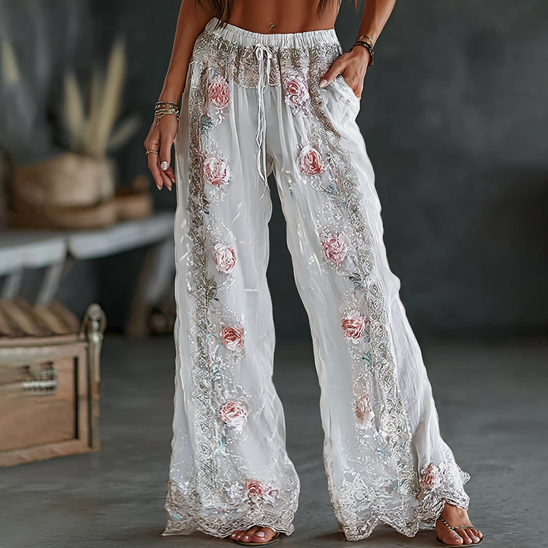 Women's Vintage Spring Floral Embroidered Art Print Flowy Linen Blend Casual Pants