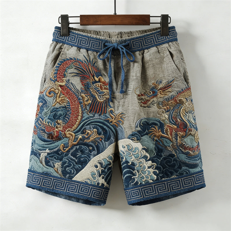 Men's Japanese Dragons & Sea Waves Drawstring Linen Shorts