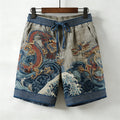 Men's Japanese Dragons & Sea Waves Drawstring Linen Shorts