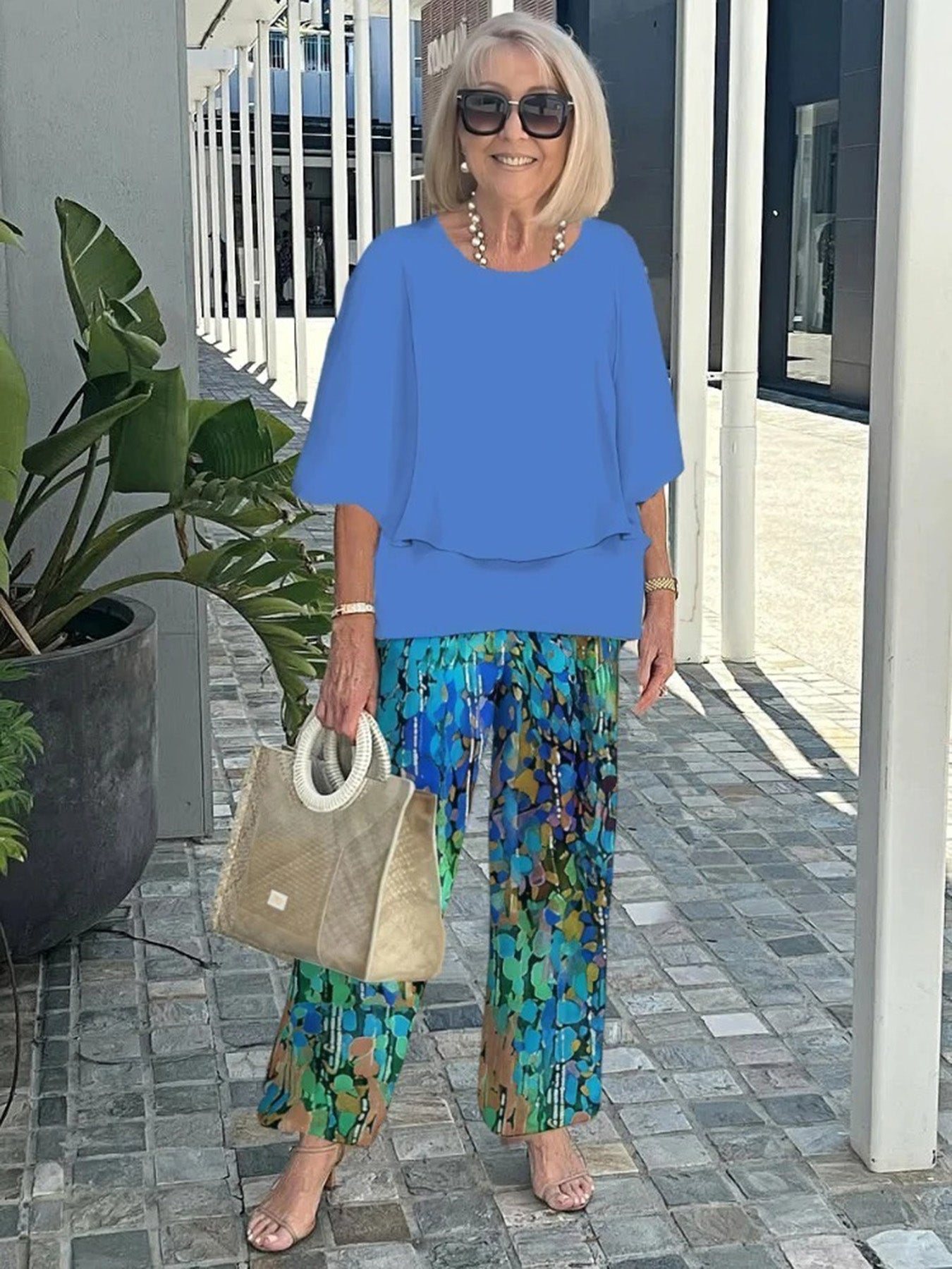 Casual Crew Neck Medium Sleeve Top Printed Floral Pants Set Two-piece Set