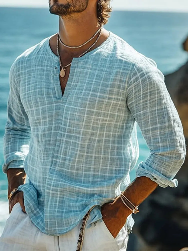 Men's Casual Plaid Cotton And Linen Long Sleeve Shirt