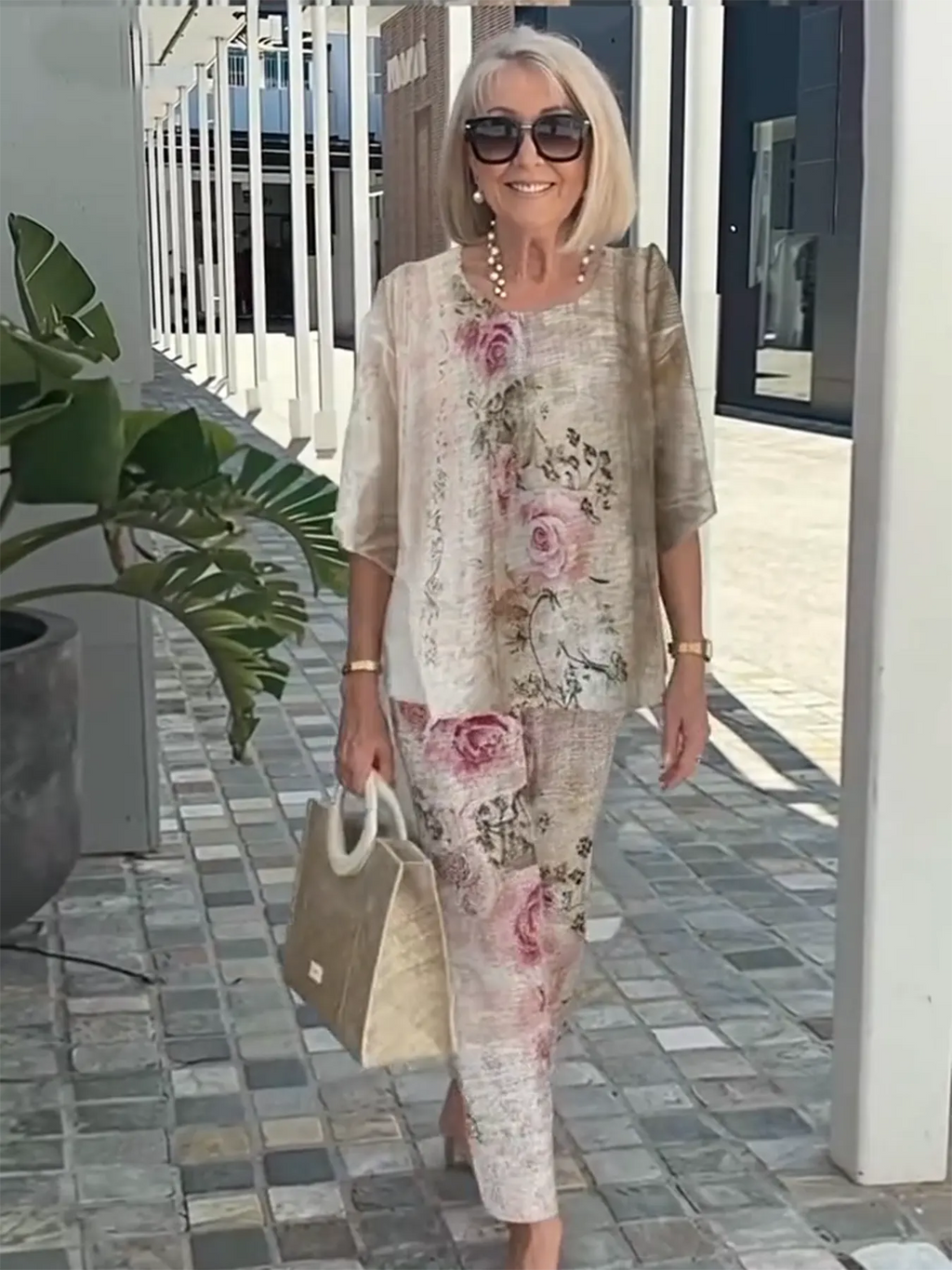 Casual Crew Neck Medium Sleeve Top Printed Floral Pants Set Two-piece Set