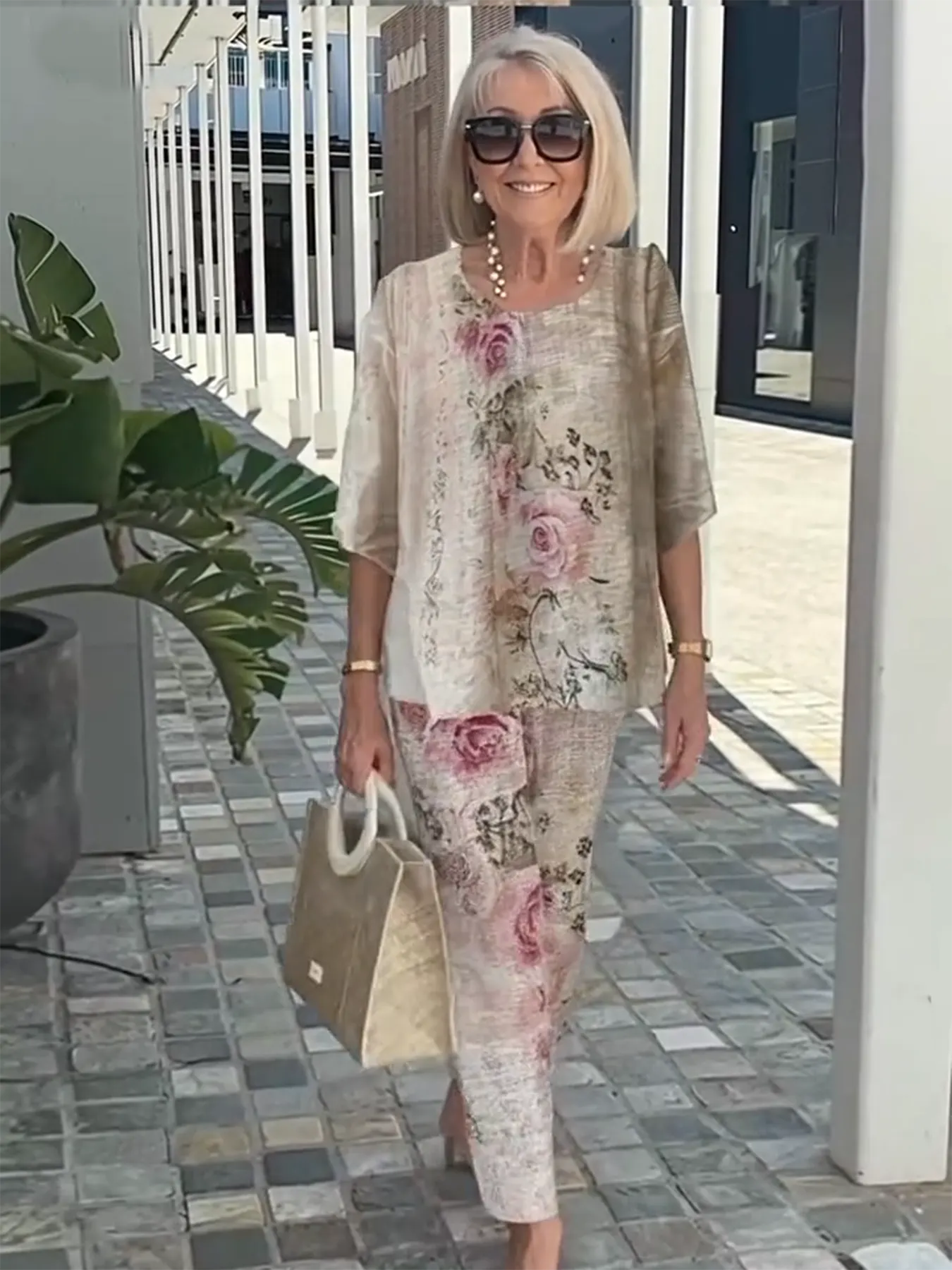 Casual Crew Neck Medium Sleeve Top Printed Floral Pants Set Two-piece Set