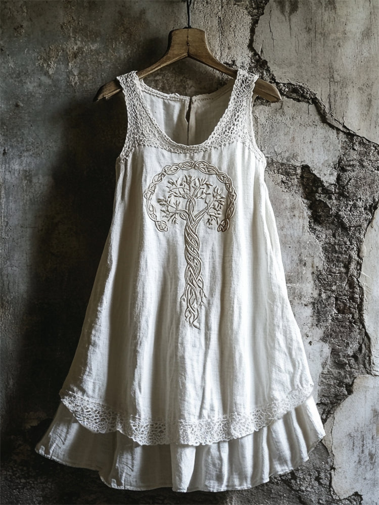 Boho Celtic Tree Of Life Lace Patchwork Layered Linen Dress