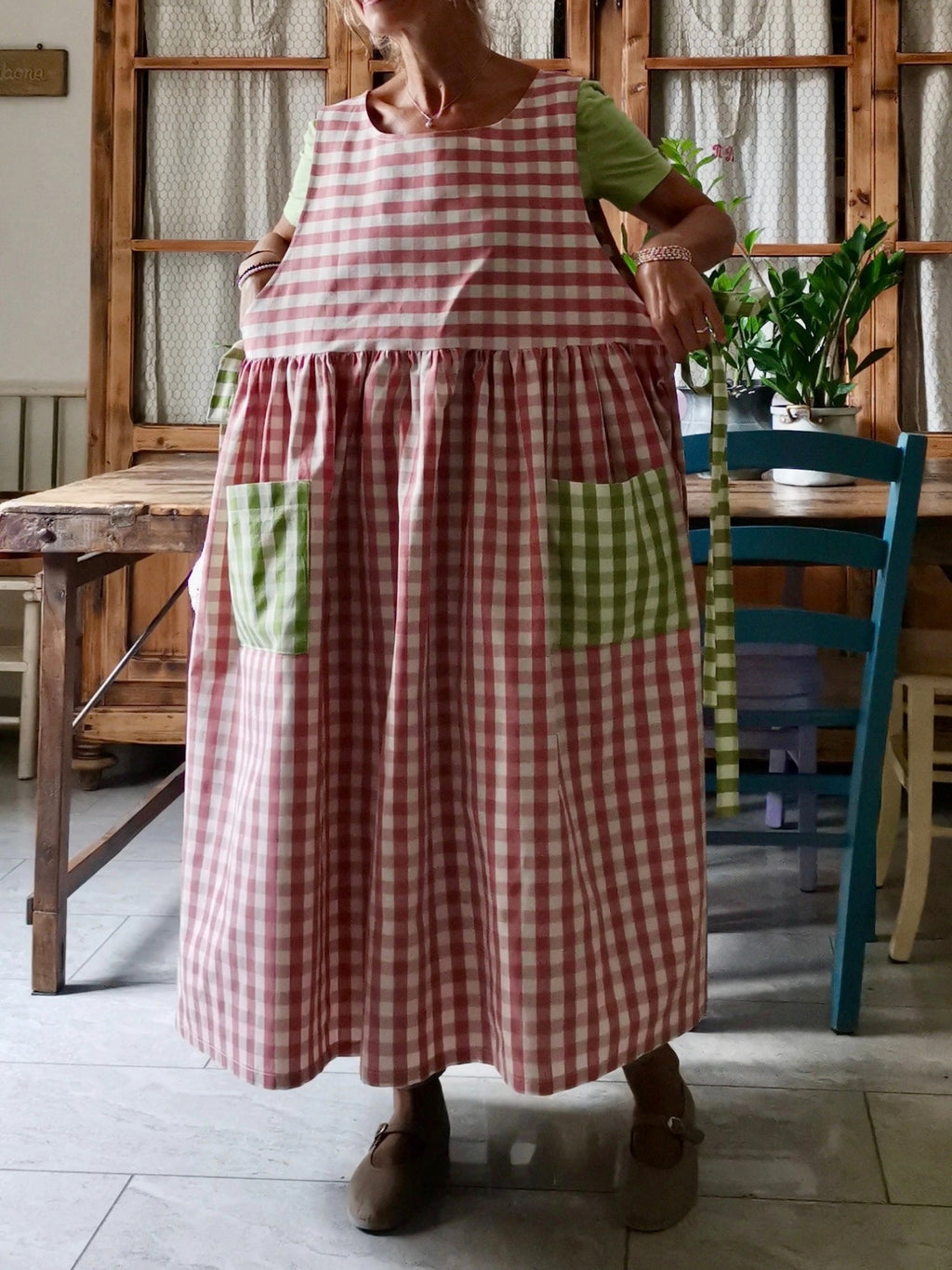Antique Pink and Light Green Checked Apron