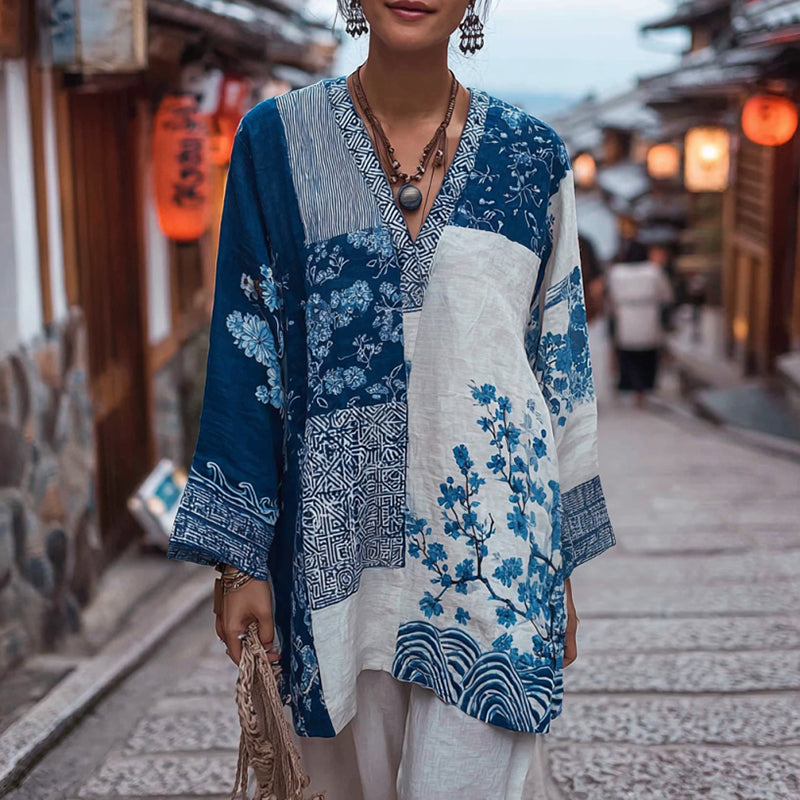 Vintage Japanese Traditional Sashiko Floral Patchwork Art Print Linen Tops