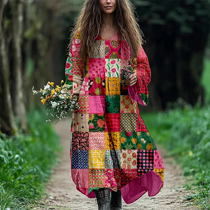 Bohemian Patchwork Art Pattern Flowy Linen Dress