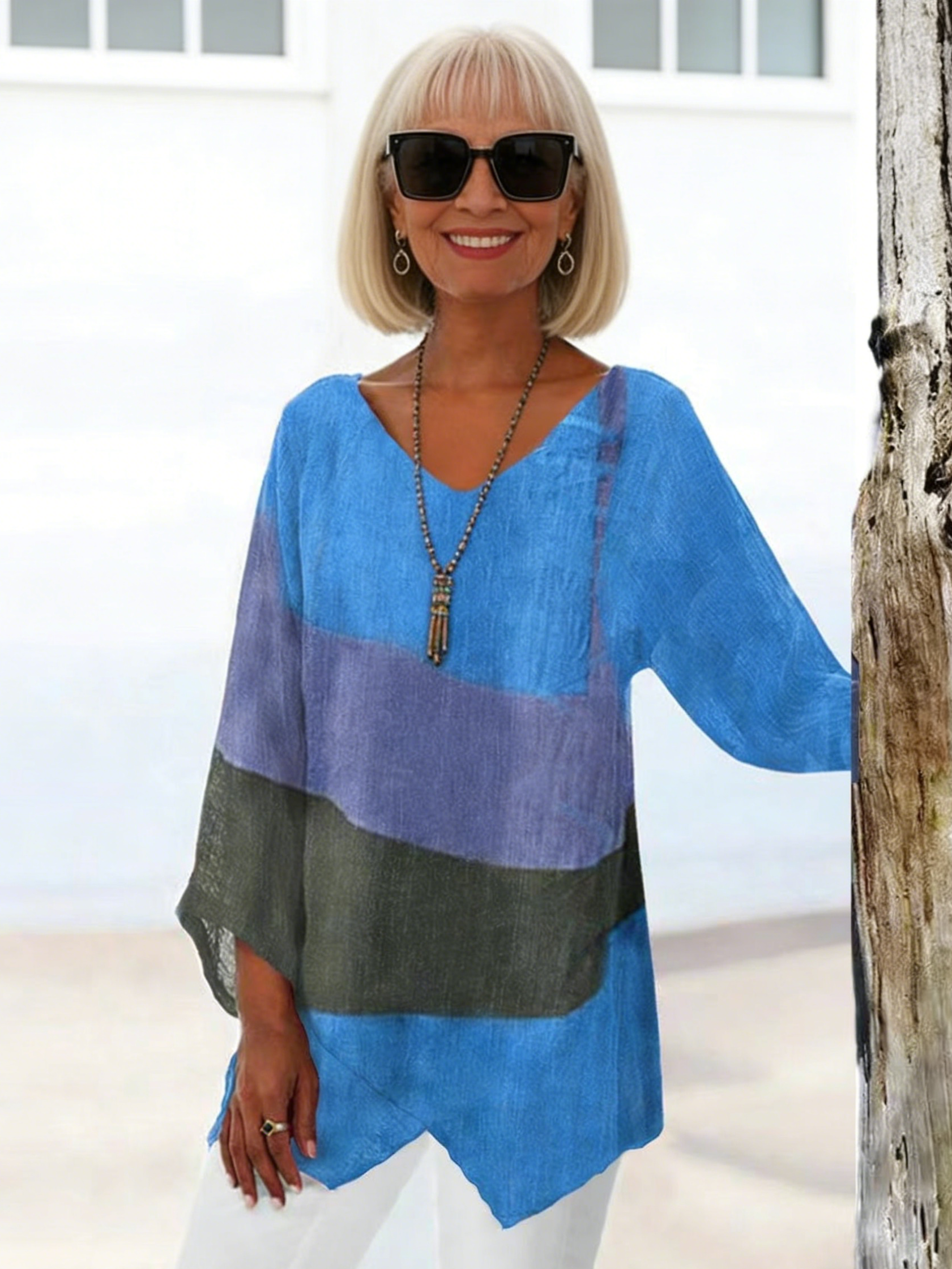Casual Loose V-neck Irregular Hem Art Print Long Sleeve Tops