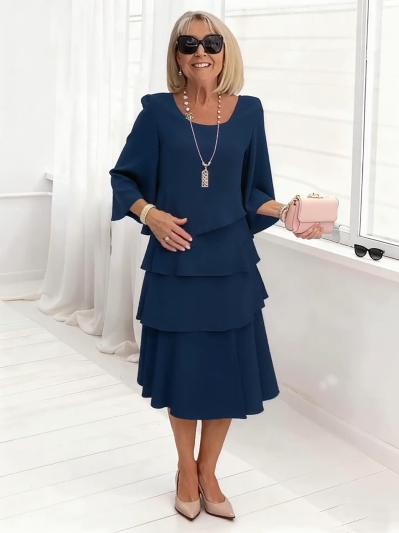 Long Dress Half Sleeve Fashion Cake Skirt Women's Temperament Loose and Thin Round Neck Dress